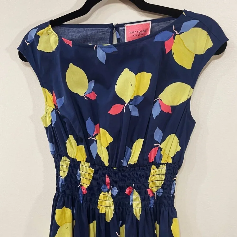 New Kate Spade Blaire Lemon Zest 100% Cotton Dress Navy 2, XS $229